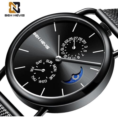 BEN NEVIS Mens Watches Top Brand Luxury Clock Date Week Display Fashion Moon Phase Thin Case Hommes Quartz Montres