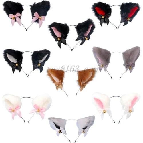 Women Sweet Lovely Anime Lolita Headband Cute Furry Plush Cat Ears Hair Hoop with Bowknot Small Bells Fancy Dress Cosplay Party