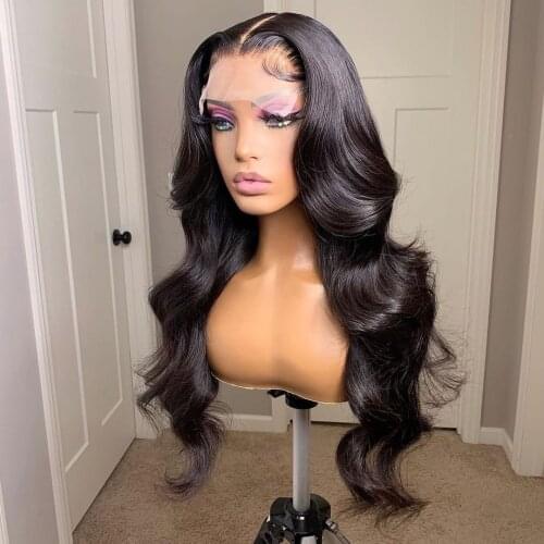 Body Wave Frontal Lace Wigs with Baby Hair Sththetic Hair Glueless Lace Front Wigs Heat Resistant Fiber Hair Black Wavy