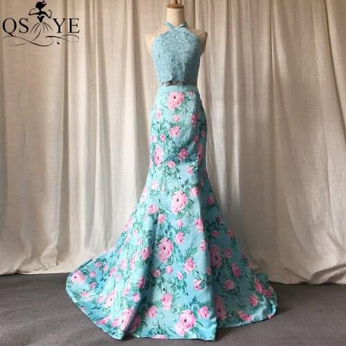 Halter Neck Prom Dress Two Pieces Flower Pattern Lace Evening Gown Print Floral Girl Formal Dress Blue Mermaid Satin Party Gown