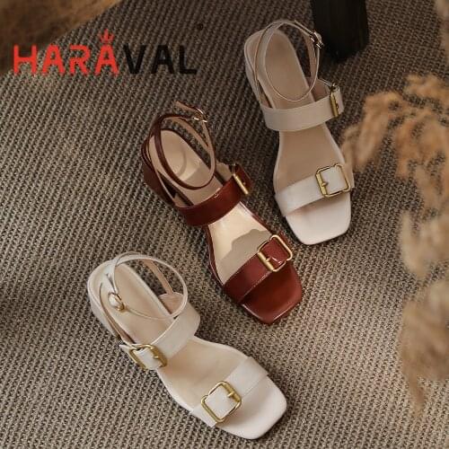 New Style Women Sandals Shoes Thick Heels Genuien Leather Ankle Buckle Strap Retro Adult Summer Elegant Female Footwear B60
