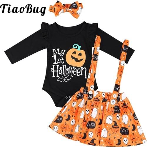 TiaoBug Infant Baby Girls Long Sleeves Cartoon Pumpkin Printed Romper with Headband Suspender Skirt Toddlers Halloween Costume
