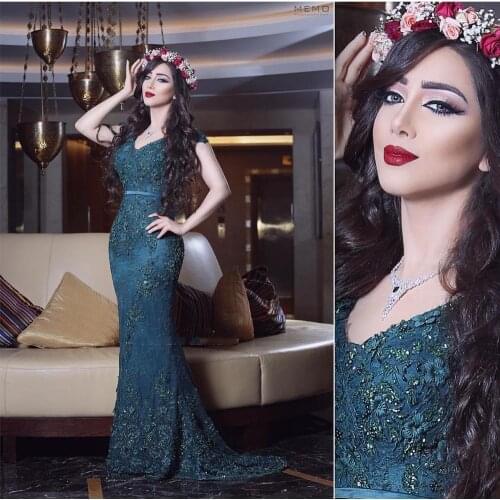 Evening Dress 2021 Sexy V-Neck Mermaid Lace Appliques Women Formal Gowns Court Train Sleeveless Dubai Saudi Arabic Party Green
