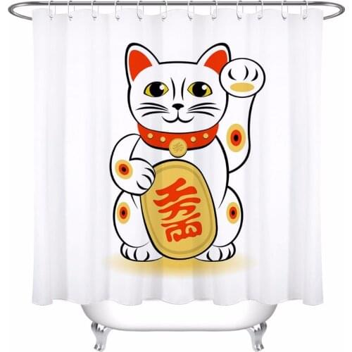 LB Funny Lucky Cat Shower Curtain Animal Bathroom White Waterproof Mildew Resistant Polyester Fabric for Kids Home Bathtub Decor