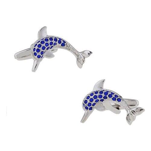 6pairs/lot Blue Rhinestone Dolphin Cufflinks Brass Animal Cuff Links Mens Fashion Jewelry Accessory Gift Wholesale