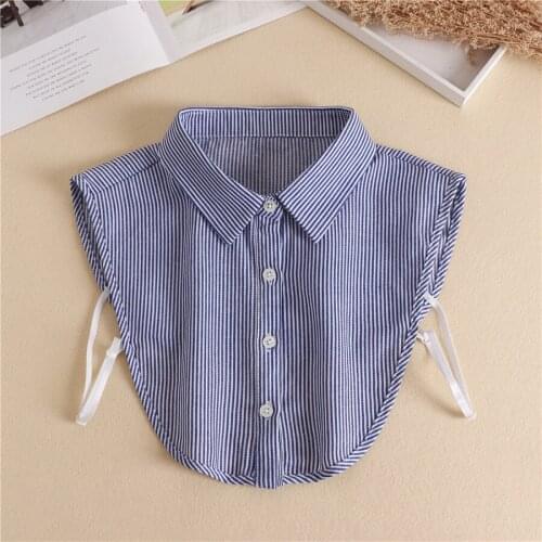 Women Detachable Lapel Fake Collar Cotton Blue Striped Shirt Fake False Collar Blouse Removable False Half Shirt Blouse Decor