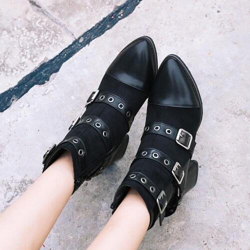 British belt buckle rivet point thick heel short boots large 44 45 46 47 48 large medium heel short boots