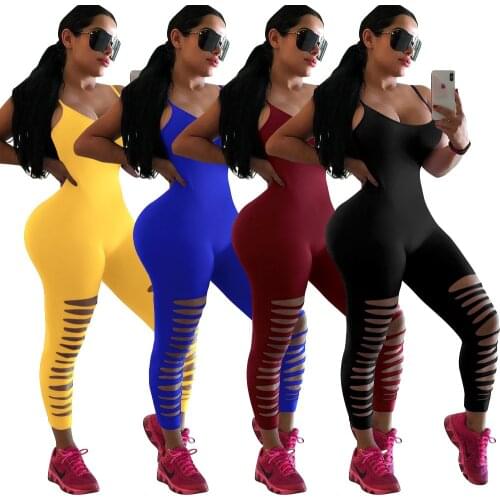 Women Sexy Hole Cut Out Bodycon Jumpsuit Spaghetti Strap Summer Clothes Sleeveless Backless Streetwear Sportwear Rompers