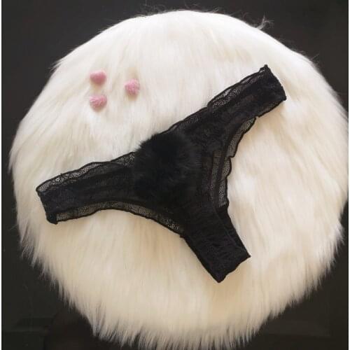 Women Solid Color Cute Rabbit Tail Lingerie Thongs See-through Mesh Ruffled G-string Underpants Sissy Underwear for Nightclub