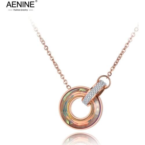 AENINE Titanium Stainless Steel Double Circle Clay CZ Crystal Choker Necklaces Bohemia Pendant Chain Necklace For Women AN19060