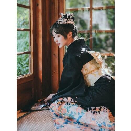 Japan Style Womens Traditional Kimono Black Color Beautiful Prints Summer Yukata Bathrobe Cosplay Wear Photography Dress
