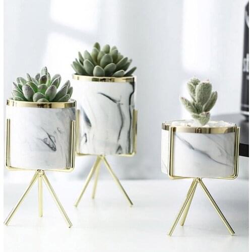 2Pcs Ceramic Flower Pots Planter Iron Frame Plant Pot Stand Green Plant Flower Pot Desk Office Decoration Ornament