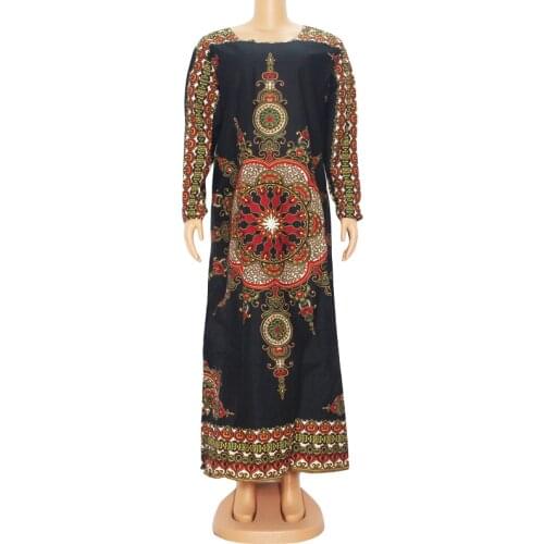 2020 New Design Black Dashiki Print Cotton Puff Sleeve Women Dresses Spring Vintage African Long Dresses