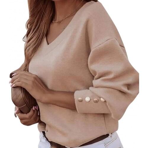 Autumn Winter Blouse Women Shirt Button Vintage Solid Color V Neck Loose Long Sleeve Tops Work Wear Ladies Tops Female Clothing