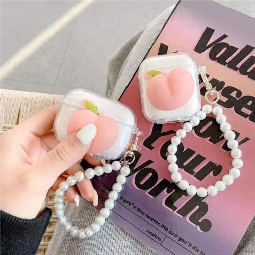 Cute Funny Peaches Clear TPU Earphone Case For Apple Airpods 1 2 Pro 3 Bluetooth Headset Protect Cover Pearl Bracelet Keyring