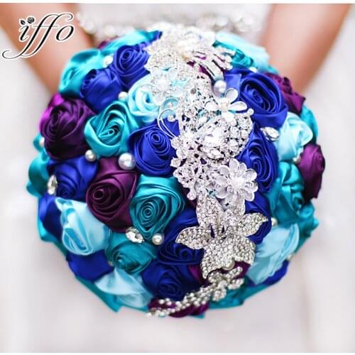 Bride holding flowers, New arrival Romantic Wedding Colorful Rose Bride 's Bouquet,Royal blue teal purple bridal brooch bouquets