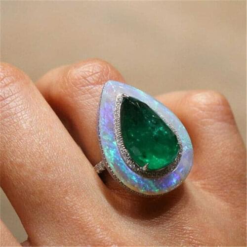 Fashion hot sale green water drop ring three claw opal jewelry pear ring size 6-10