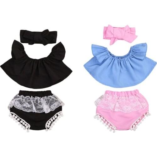 Infant Baby Girl Cute Outfits Ruffle Off Shoulder Top + Lace Tassel Shorts + Bow Headband 3PCS Clothes Set 0-24M