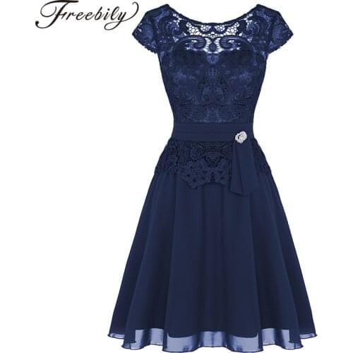 Fashion Women Ladies Short Sleeves Floral Lace Overlay Elegant Chiffon Brides Dress Formal Cocktail Party Dress