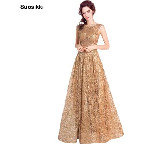 Tulle sequined Muslim Gold Evening Dress Long Formal gown Prom Robe de Soiree bling bling elegant sexy important occasion dress