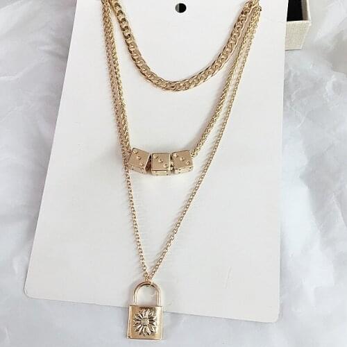 2020 New Trendy Gold Chunky Chain Flowe Lock Key Triple Layers Gambling Dice Club Necklaces Women Korean Fashion Party Jewelry