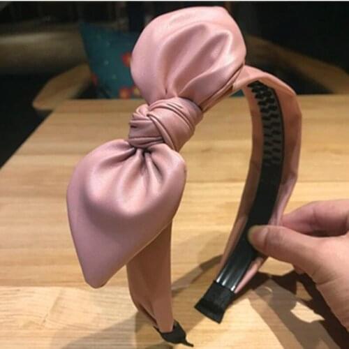 Teen Girls Rabbit Ear Knotted Headband Toothed Not Slip Women Solid PU Leather Bow Hairband Adults Hair Bow Headband