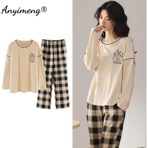 Autumn New Korean Kawaii Pajama Set for Women Pajamas Cotton Round Neck Long Sleeve Big Pijamas Fashion Sleepwear for Young Lady