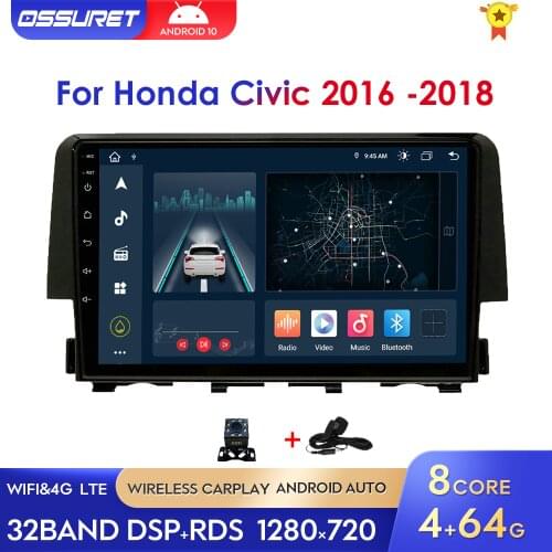 Ossuret Car Multimedia Player Quad Core Radio For Honda Civic 2016 2017 2018 Android 9.0 USB BT PC SWC 4G WIFI Bluetooth SWC DAB