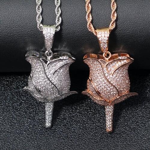 AZ Hip Hop Out Gold Rose Flower Pendants Necklace Bling Cubic Zircon Stone Necklace For Women Men Rapper Jewelry Gifts