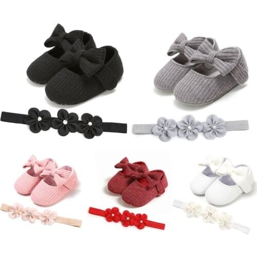 Hot 2pcs First Walkers Baby Girl Shoes Cotton Princess Crib Shoes Soft Sole Anti-slip Prewalkers+Headband