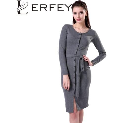 LERFEY Women Autumn Dress Sexy Black Bodycon Knee Length Button Sashes Dresses Sheath Gray Office Pencil Dress Women Clothing