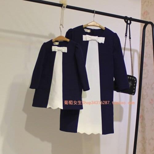 Mother Daughter Dresses Elegant Clothes Family Matching Outfits 2018 Autumn Party Mom and Daughter Dress Bow Tie Girls Vestidos