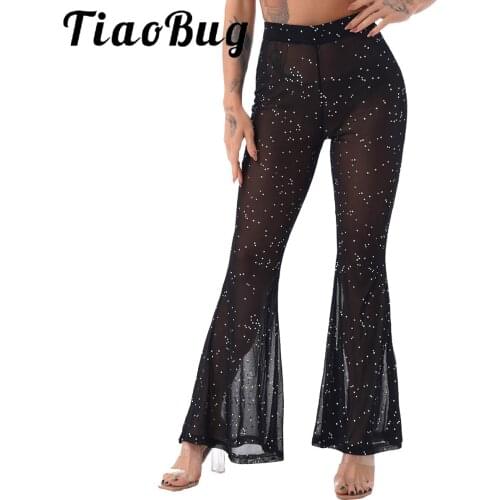 Women Fashion Shiny Dots High Waist Flared Pants Sparkle Music Festival Rave Party Club Sexy See-through Mesh Wide Leg Trousers