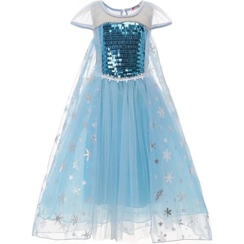 Elsa Snow Queen Evening Dresses Prom Summer Clothes Children Costume Girls Princess Party Birthday Tulle Lace Blue Short Sleeve