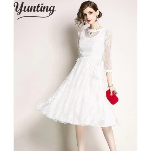 O-Neck Party Dresses Women Solid Sweet Mesh Streetwear Female Eleglant Summer Lace Vestidos