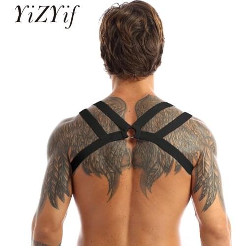 YiZYiF harness men fetish zentai Double Shoulder Straps Elastic Chest Muscle Harness Belt Fancy Club Party arneses Gay Costume