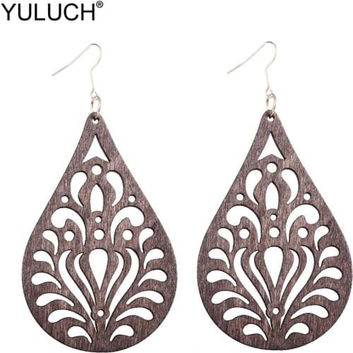 YULUCH 2019 Vintage Water Drop Earrings African Wooden Hollow Flower Pendant Statement Earrings For Women Party Gifts Jewelry
