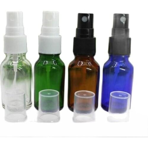 50pcs 15ml green/clear/blue/brown glass bottle with white black mist spray pump for essential oil serum water skin packing