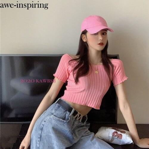 Awe-inspiring Women T-shirt Off Shoulder Knitting Crop Tops Women Fashion Solid Short Sleeve Skinny Sexy T-shirts Summer Tees