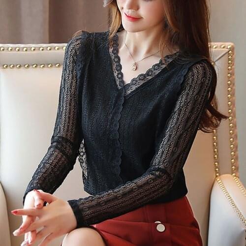 Women Spring Autumn Style Lace blouses Shirts Lady Casual long Sleeve V-Neck Lace Blusas Tops ZZ0767