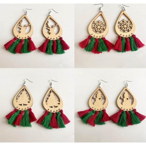 Burlywood Cutout Wooden Christmas Tree Snowflake Snowman Teardrop Tassel Earrings for Women 2021 New Christmas Gifts Wholesale