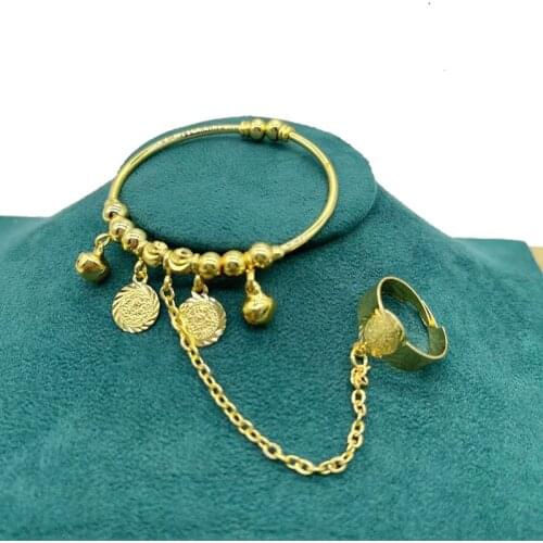 1pcs Copper Arabic Bangles With Ring Indian Dubai Bracelets for baby with Charm Ethiopian African Gold Bracelets&Bangles Bridal