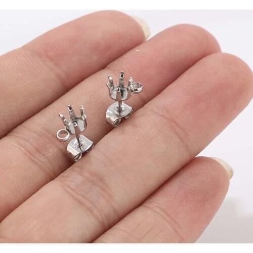 Bulk 100pcs/lot Stainless Steel Earring Findings Round Snap-on Stud Ear Post with Loop fit 6mm Cabochon and Crystal