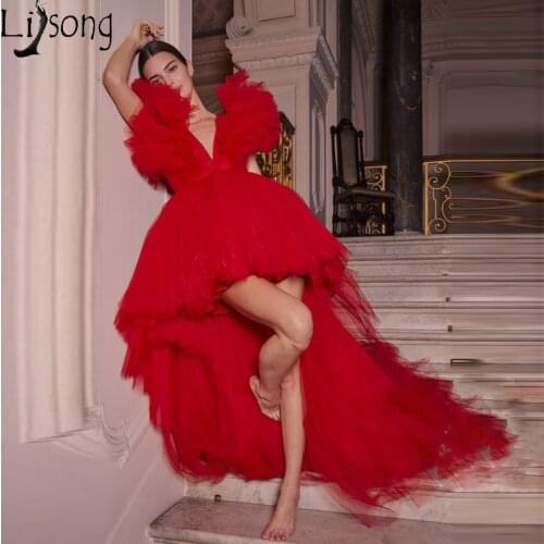 Wine Red High Low Prom Dresses Short Puffy Tulle V Neck Hi Low Cocktail Dress Girls Birthday Formal Gowns Custom Made Cheap