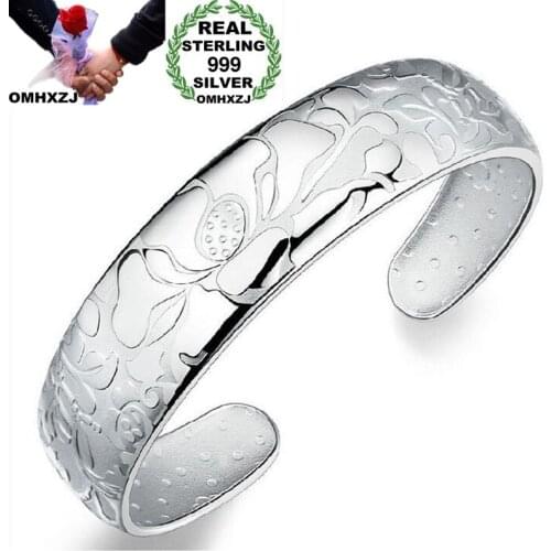 OMHXZJ Wholesale European Fashion Woman Girl Party Wedding Gift Lotus S999 Sterling Silver Cuff Bangle BA32