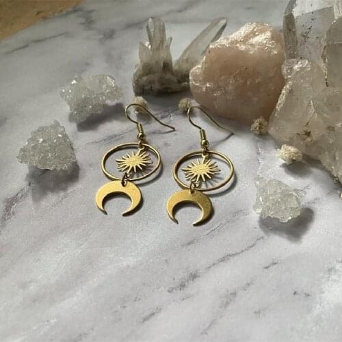 Brass Geometric Celestial Sun Moon Earrings Drop Crescent Phase Boho Witchy Hippie Statement Jewelry Punk Women Gift Fashion