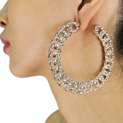 MANILAI 75mm Crystal Rhinestones Big Hoop Earrings For Women Chunky Chain Design Statement Round Alloy Earings Fashion Jewelry