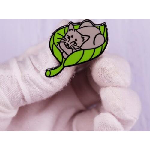 A Tiny Friend Cat Enamel Pin Brooch In The Leaf Badge cute gift perfect for pet nature lovers