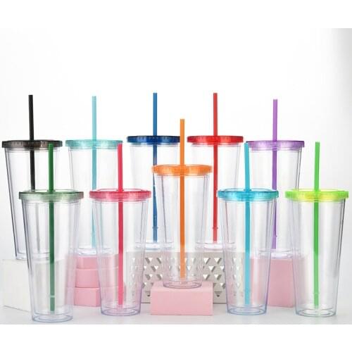 Reusable Water Bottle With Straw DIY Transparent Cold Juice Cups Double Wall Plastic Tumbler BPA-Free For Women Outdoor Party