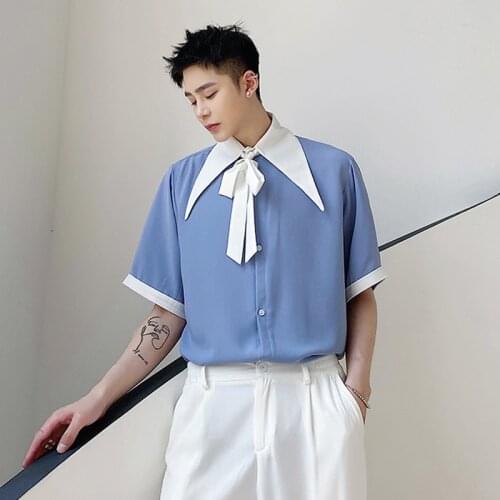 Men Big Collar Tie Casual Short Sleeve Shirts Male Vintage Fashion Loose Shirt Stage Clothing